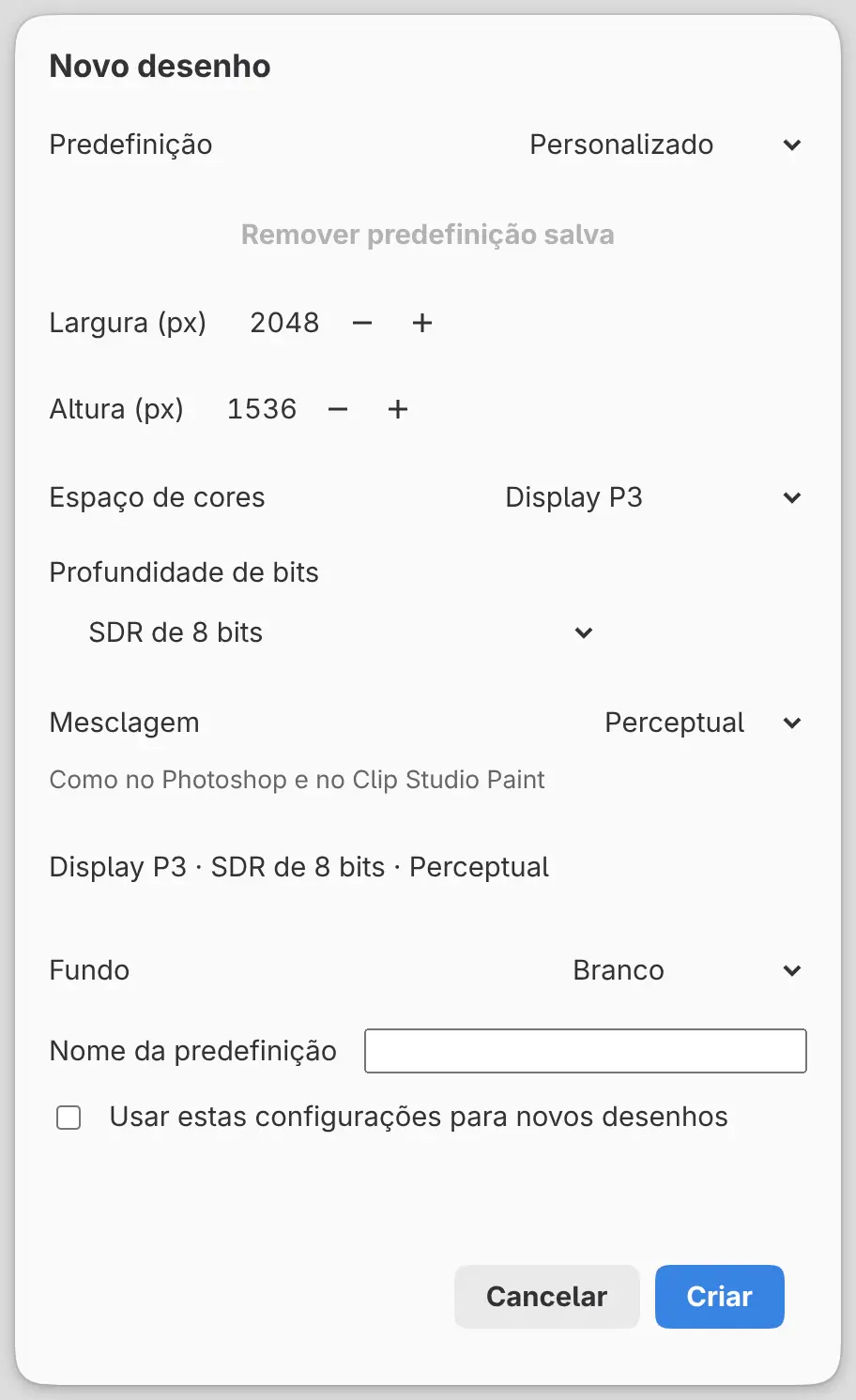 A caixa de diálogo Novo desenho com Espaço de cores definido como Display P3, Profundidade de bits, Mesclagem e a linha de resumo.