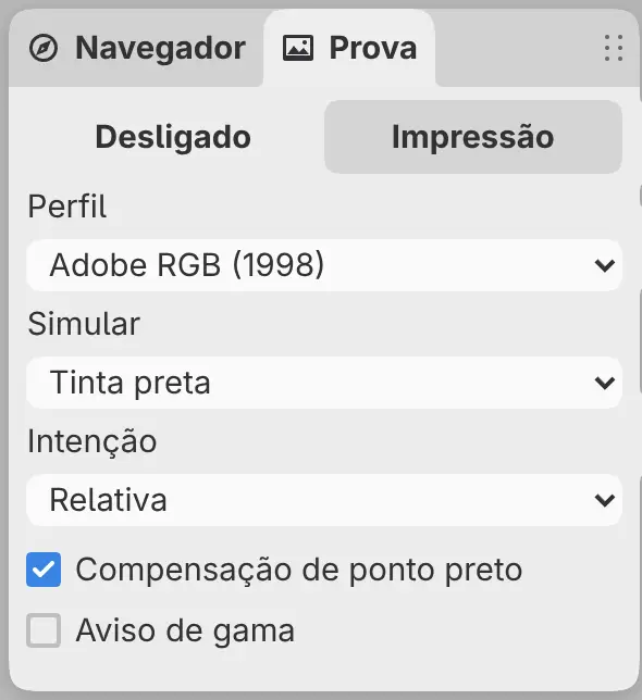 O painel Prova na página Impressão, com Adobe RGB (1998) escolhido como perfil.