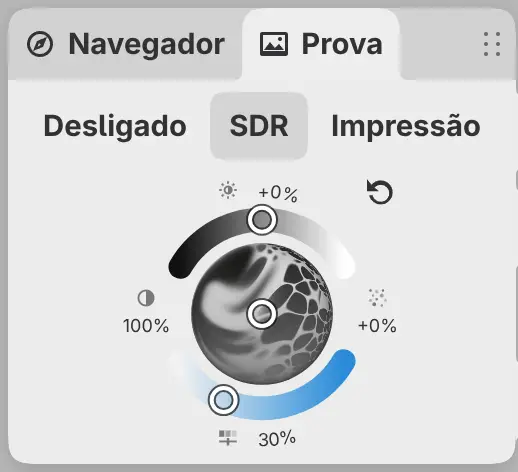 A página SDR do painel Prova, com o seletor circular de equilíbrio, contraste, brilho e intensidade da cor.