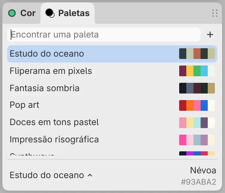 A lista de paletas com o campo de busca, o botão + e o nome e as cores de cada paleta.