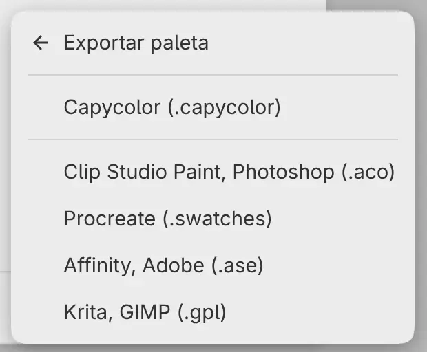 O menu da paleta com os formatos de Export Palette.