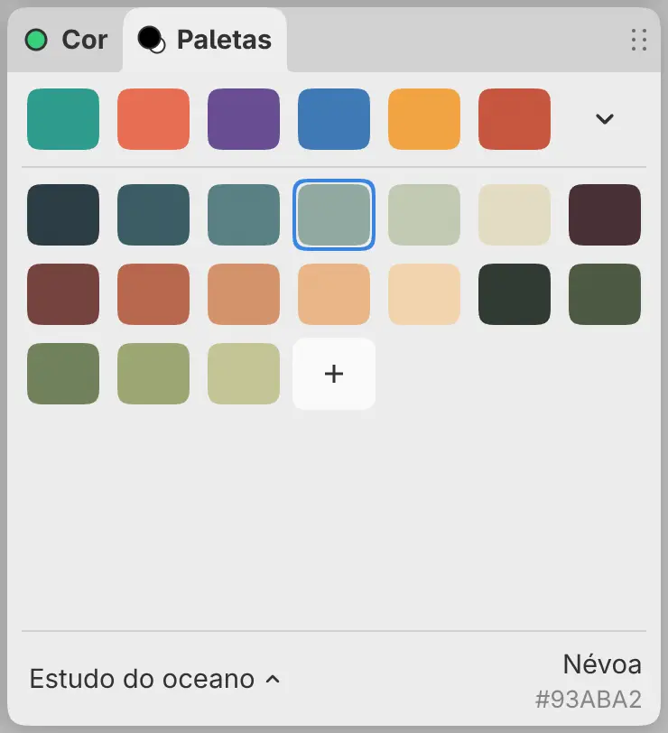 O painel Paletas com as cores recentes no alto, as amostras da paleta ativa e, embaixo, o nome da paleta e o nome da cor.