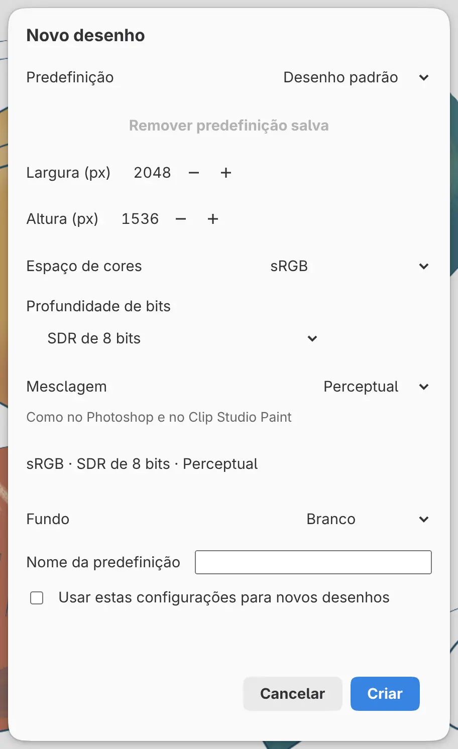 A caixa de diálogo Novo desenho com a predefinição Desenho padrão.