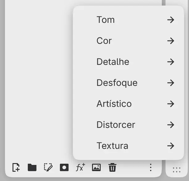 O menu Adicionar filtro aberto na parte inferior do painel Camadas.