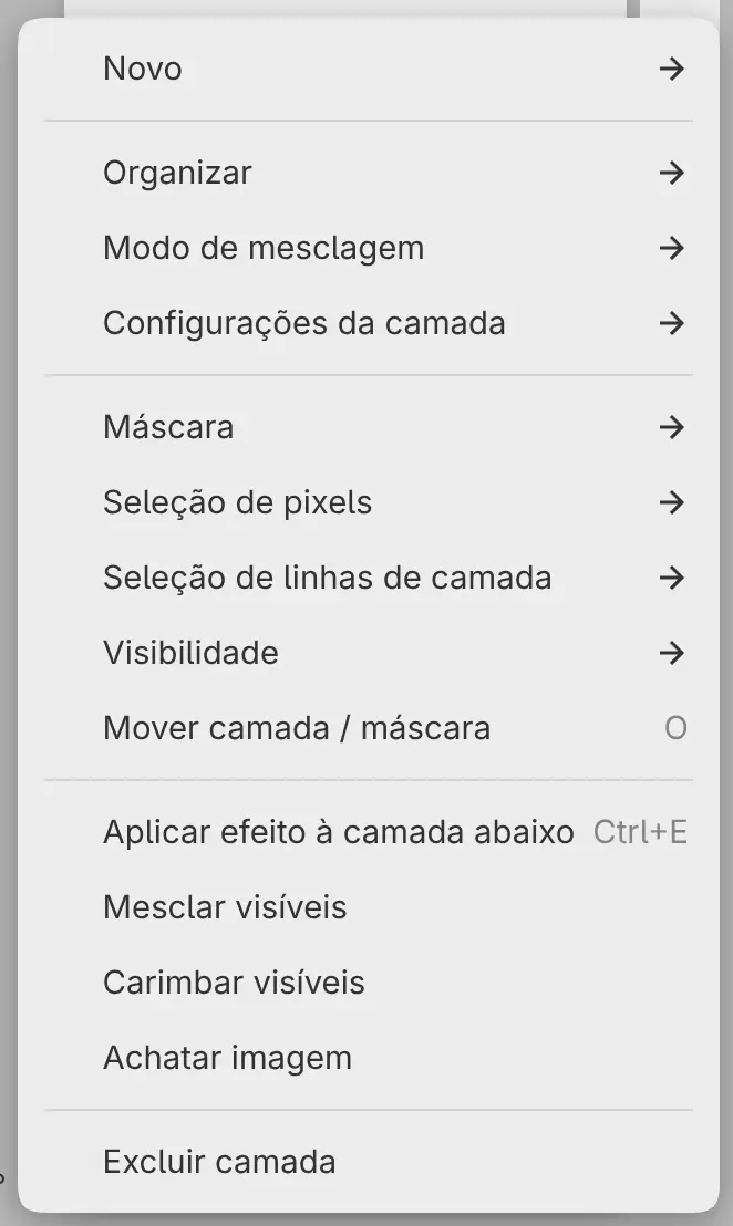 O menu da camada de um filtro com Aplicar efeito à camada abaixo.