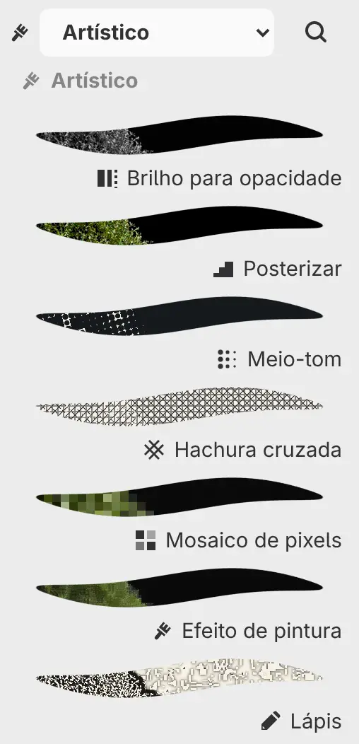 O painel Filtros mostrando a categoria Artístico com uma prévia de cada filtro.