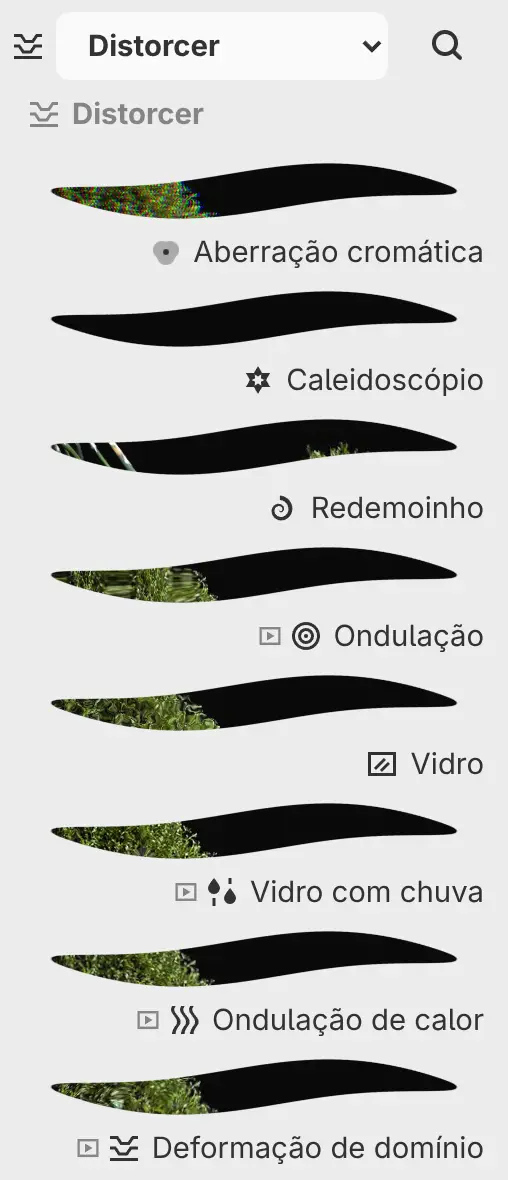 O painel Filtros mostrando a categoria Distorcer com uma prévia de cada filtro.