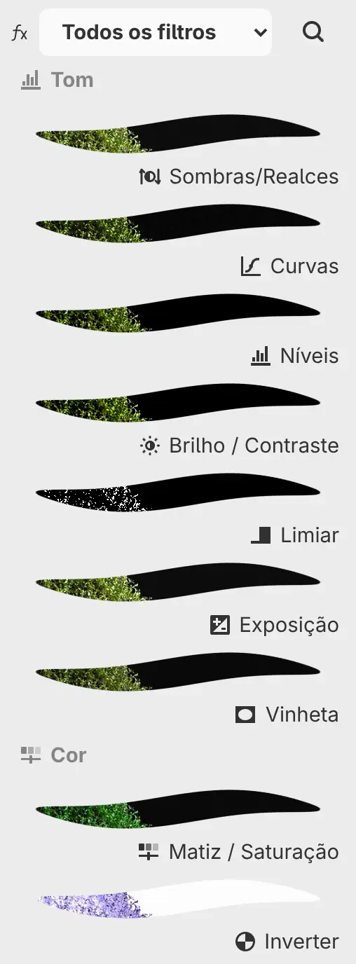 O painel Filtros com o menu de categorias, o botão de busca e linhas de filtros com prévias.