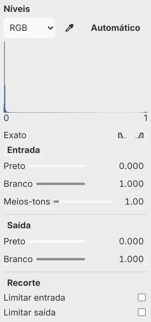 O painel Propriedades de Níveis com o histograma, Automático, Amostrar ponto e as configurações Entrada, Saída e Recorte.
