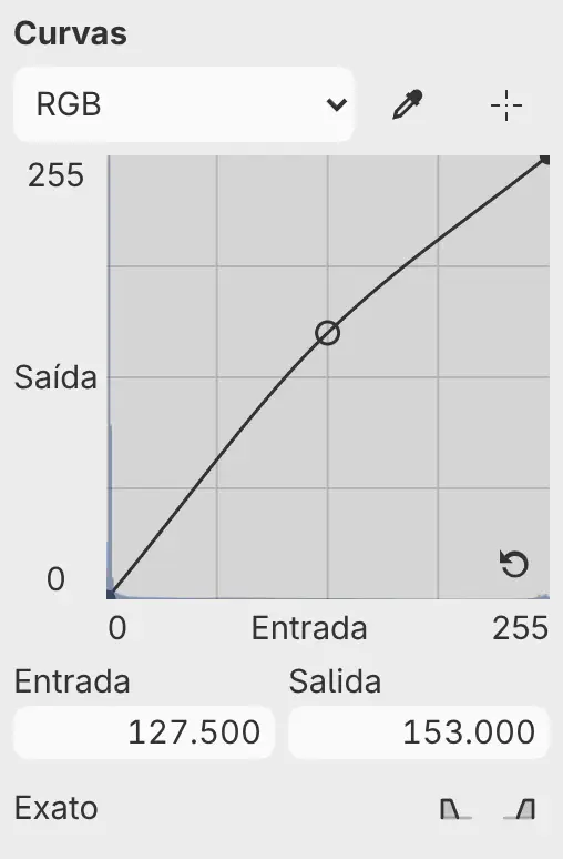 O painel Propriedades de Curvas com o menu de páginas, Amostrar ponto, Ajuste direcionado e o gráfico da curva.
