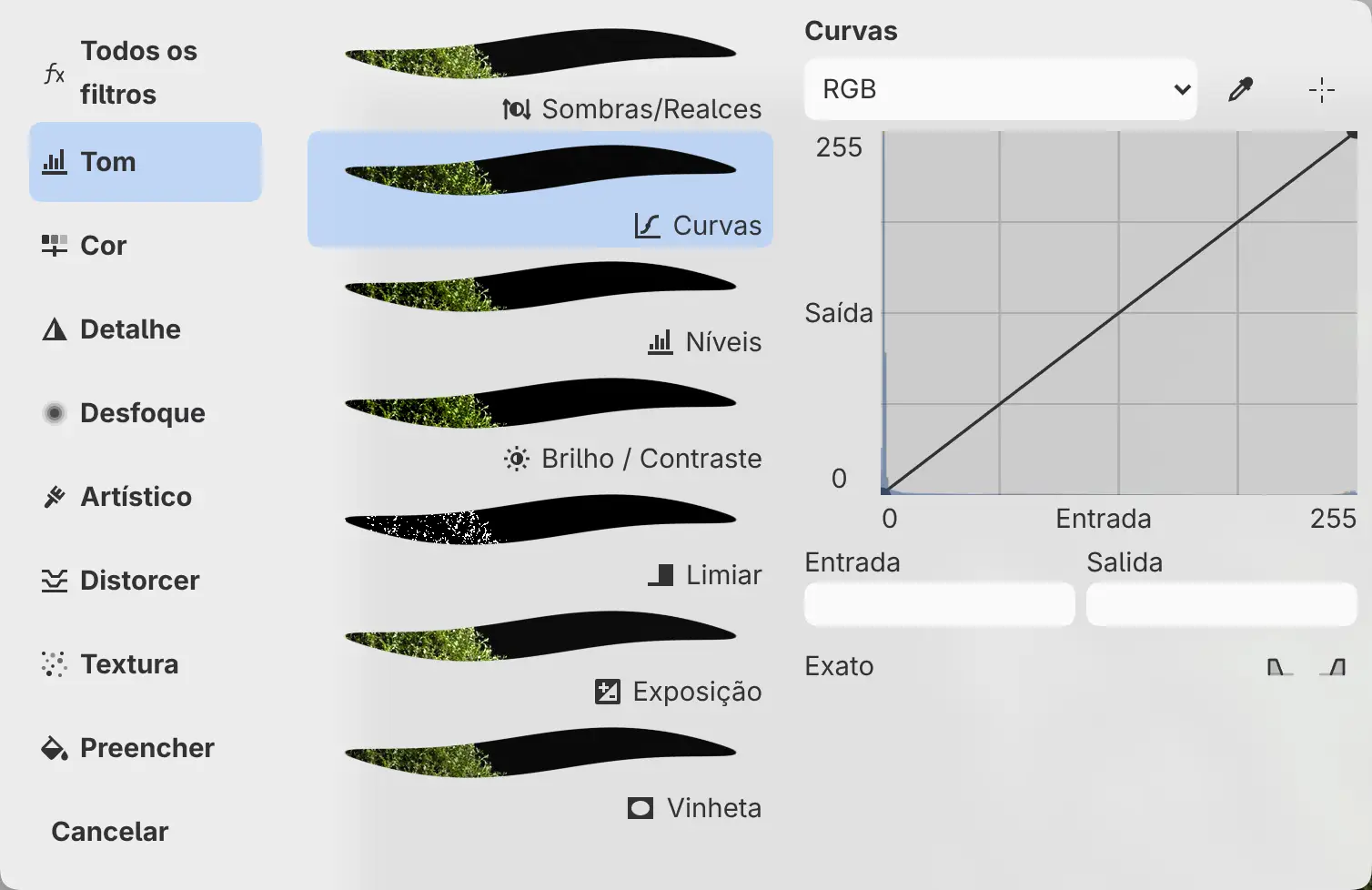 A gaveta Filtros de Esboço com as colunas Tipo de filtro, Filtros e Propriedades.