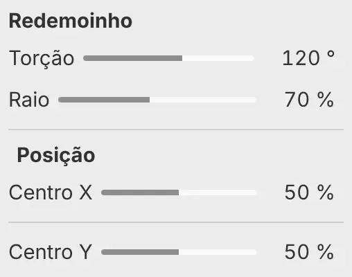O painel Propriedades de Redemoinho com Torção, Raio e as configurações de Posição.