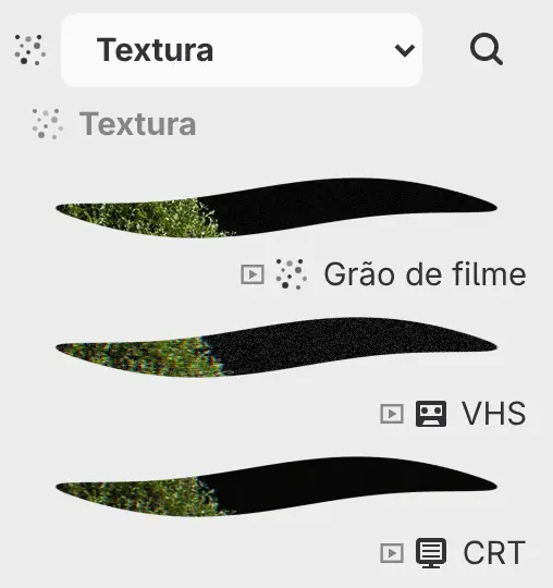 O painel Filtros mostrando a categoria Textura com uma prévia de cada filtro.