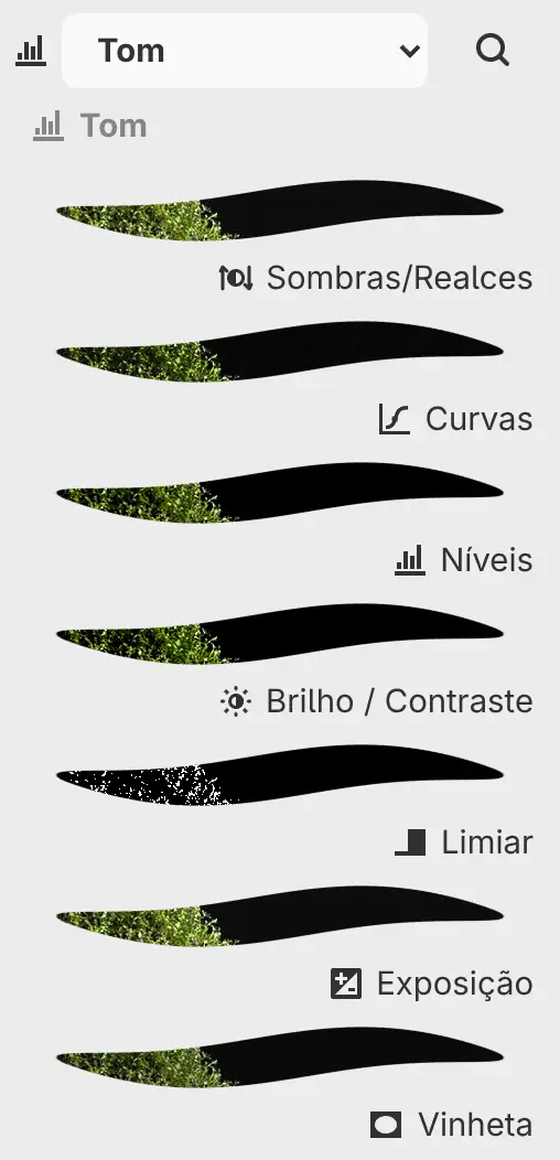 O painel Filtros mostrando a categoria Tom com uma prévia de cada filtro.
