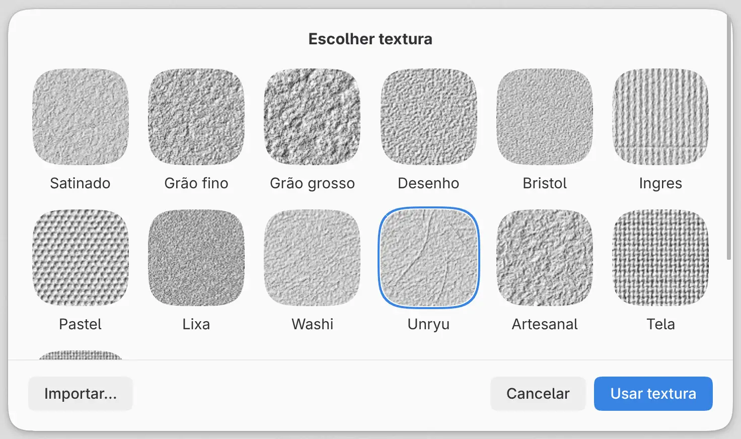 Papéis incluídos em Escolher textura.