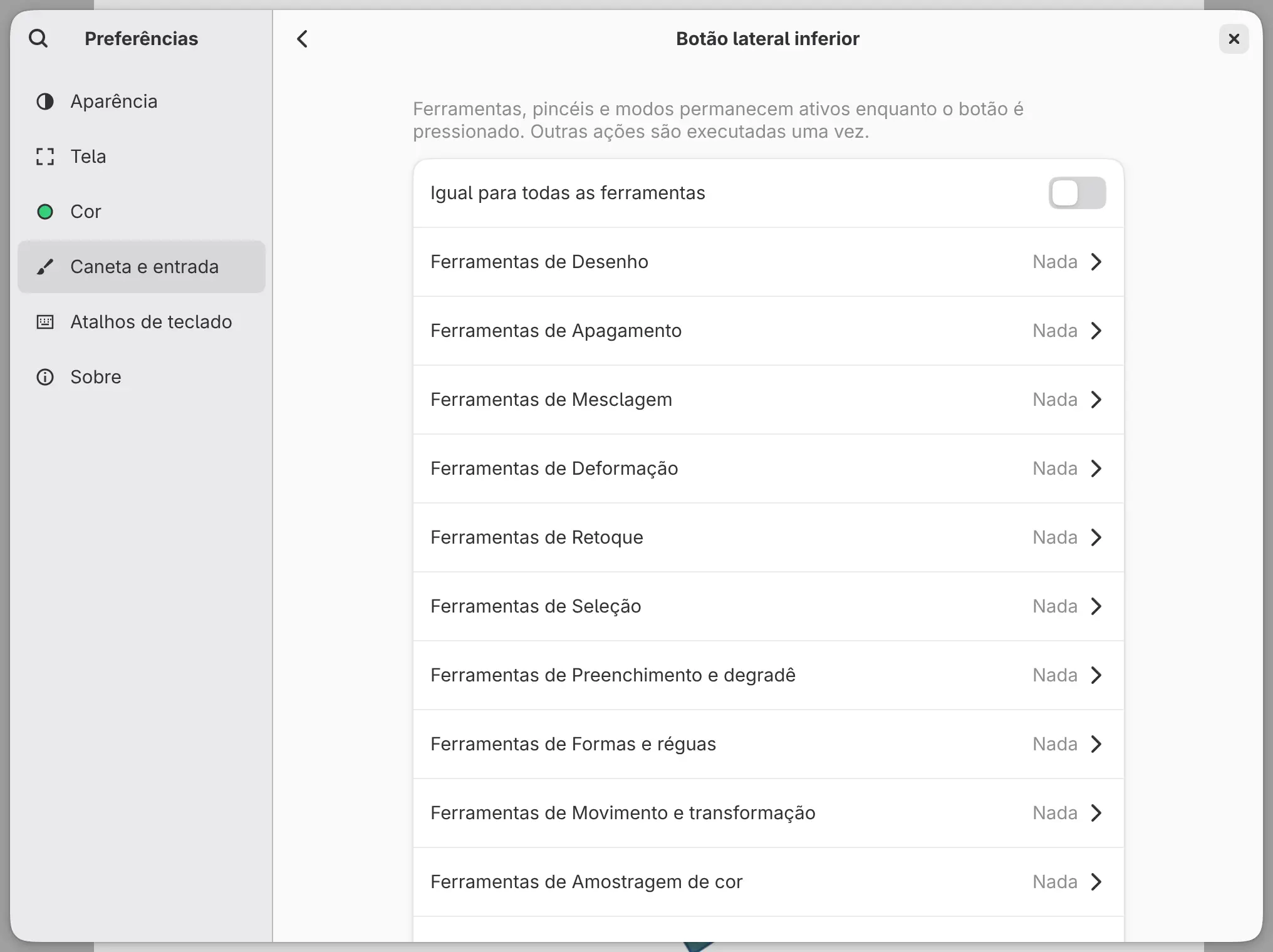 A página do Botão lateral inferior, com uma ação para cada tipo de ferramenta.