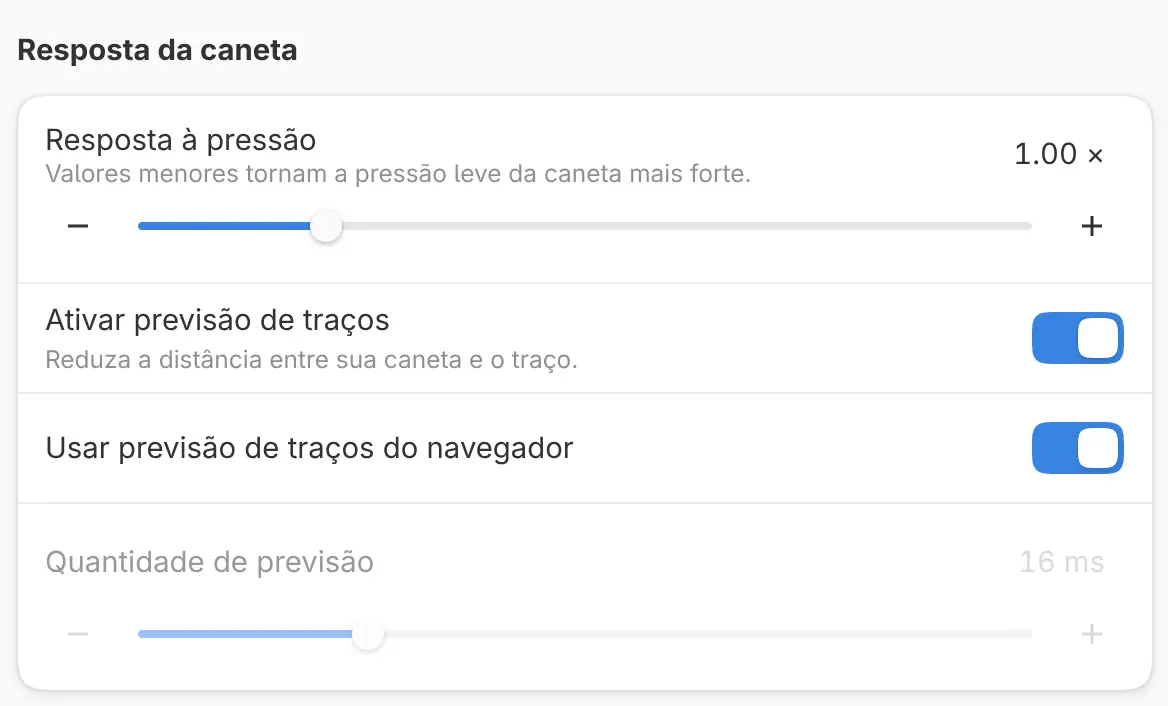 As configurações de Resposta da caneta.