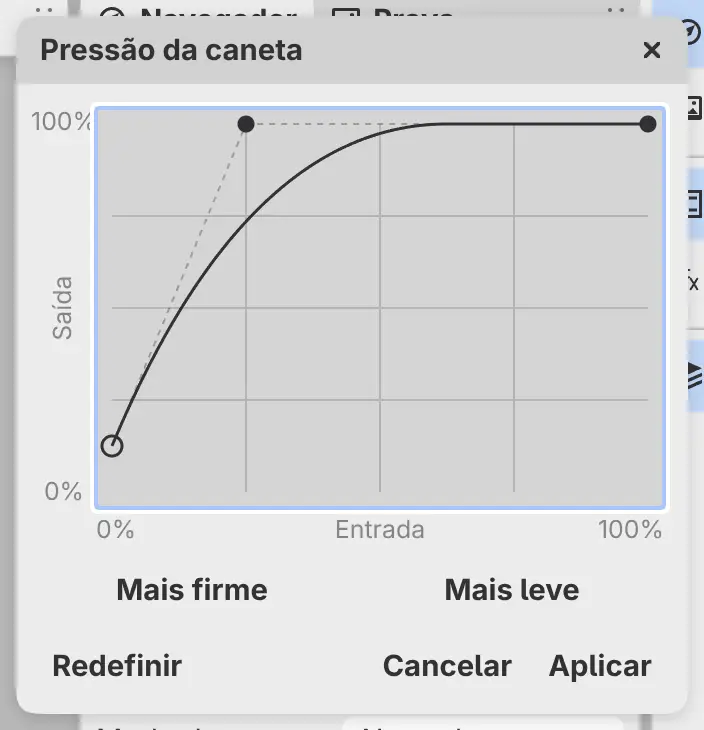 O diálogo Pressão da caneta com sua curva e o marcador de pressão em tempo real.