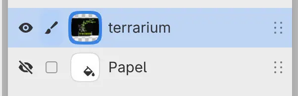 O painel Camadas com a camada da foto terrarium acima de uma camada Papel oculta.