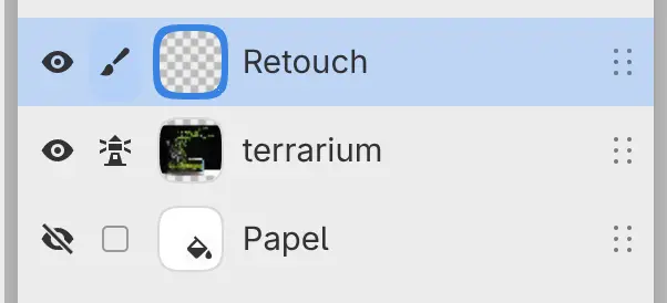 O painel Camadas com Retouch acima da camada terrarium, que mostra o ícone de referência.