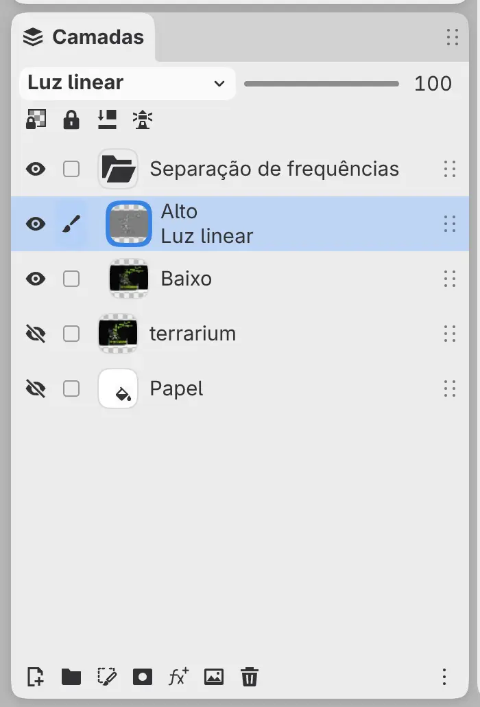 O painel Camadas com o grupo Separação de frequências, Alto acima de Baixo, e a camada original oculta.