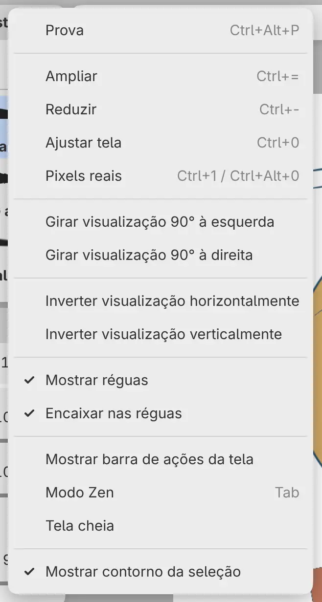 O menu Exibir com os comandos de zoom, rotação e inversão.