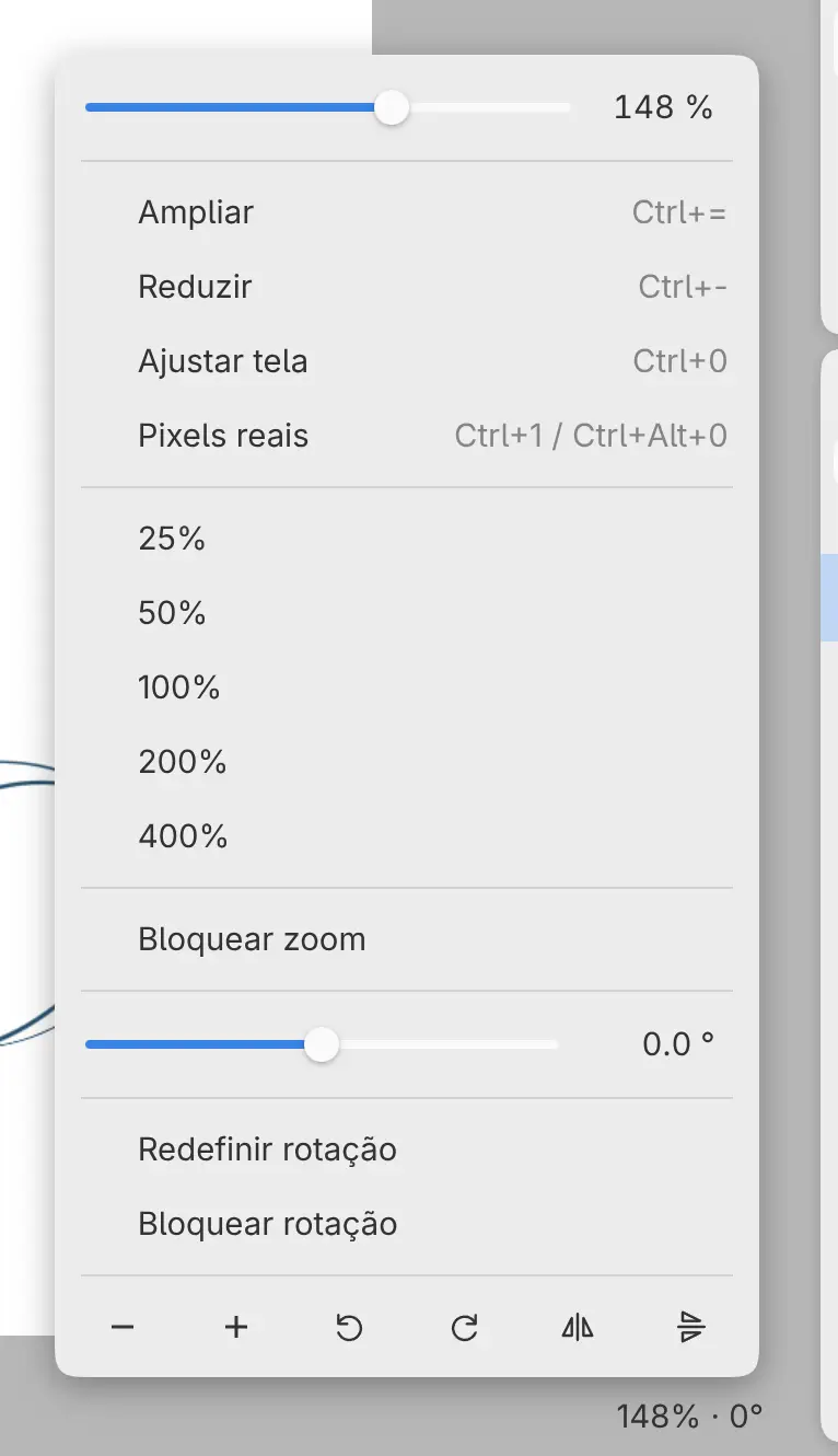 A indicação de zoom no rodapé, com o menu aberto.