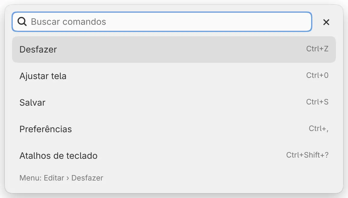 A busca de comandos com o campo vazio, listando Desfazer, Ajustar tela, Salvar, Preferências e Atalhos de teclado.