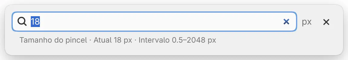A busca de comandos pedindo um valor para Tamanho do pincel…, com a unidade px e, na parte de baixo, o valor atual e o intervalo.