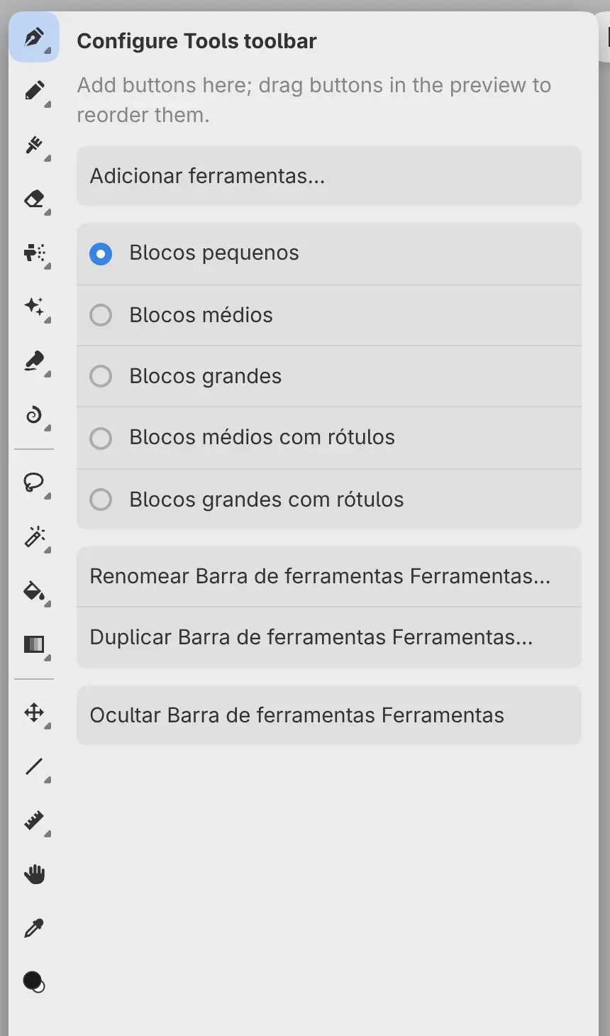 A barra de ferramentas Ferramentas com a coluna de configuração.