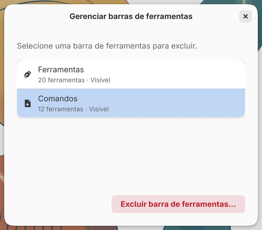 A caixa de diálogo Gerenciar barras de ferramentas com uma barra selecionada.