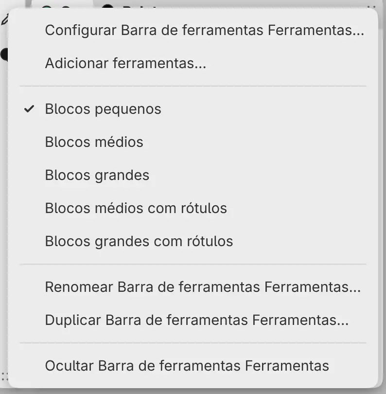 O menu da barra de ferramentas com os tamanhos de bloco.