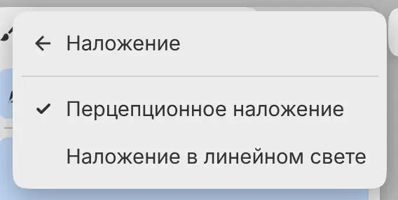 Меню «Правка» с открытым подменю «Наложение», отмечено «Перцепционное наложение».