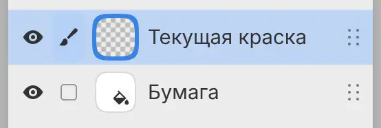 Панель «Слои» нового рисунка: слой «Текущая краска» над слоем «Бумага».