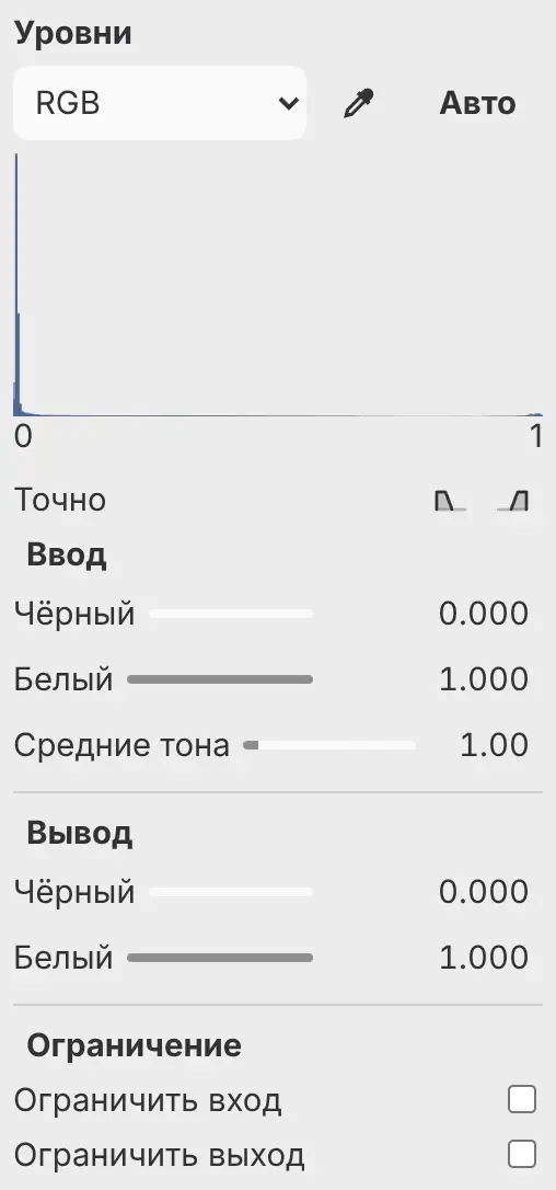 Панель «Свойства» для фильтра «Уровни» с гистограммой, кнопками «Авто» и «Выбрать точку» и разделами «Ввод», «Вывод» и «Ограничение».