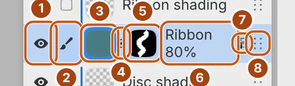 Строка Ribbon с маской, включённой блокировкой альфы и непрозрачностью 80%.