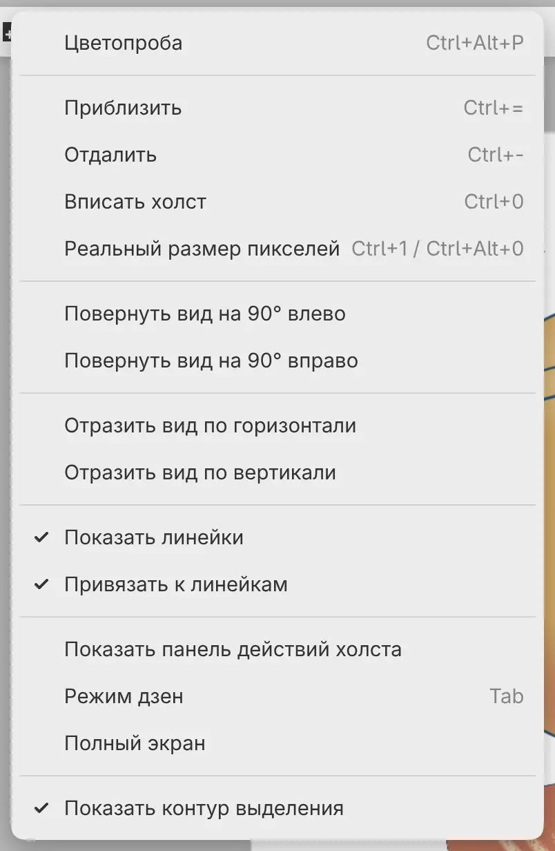 Меню «Вид» с командами масштабирования, поворота и отражения.