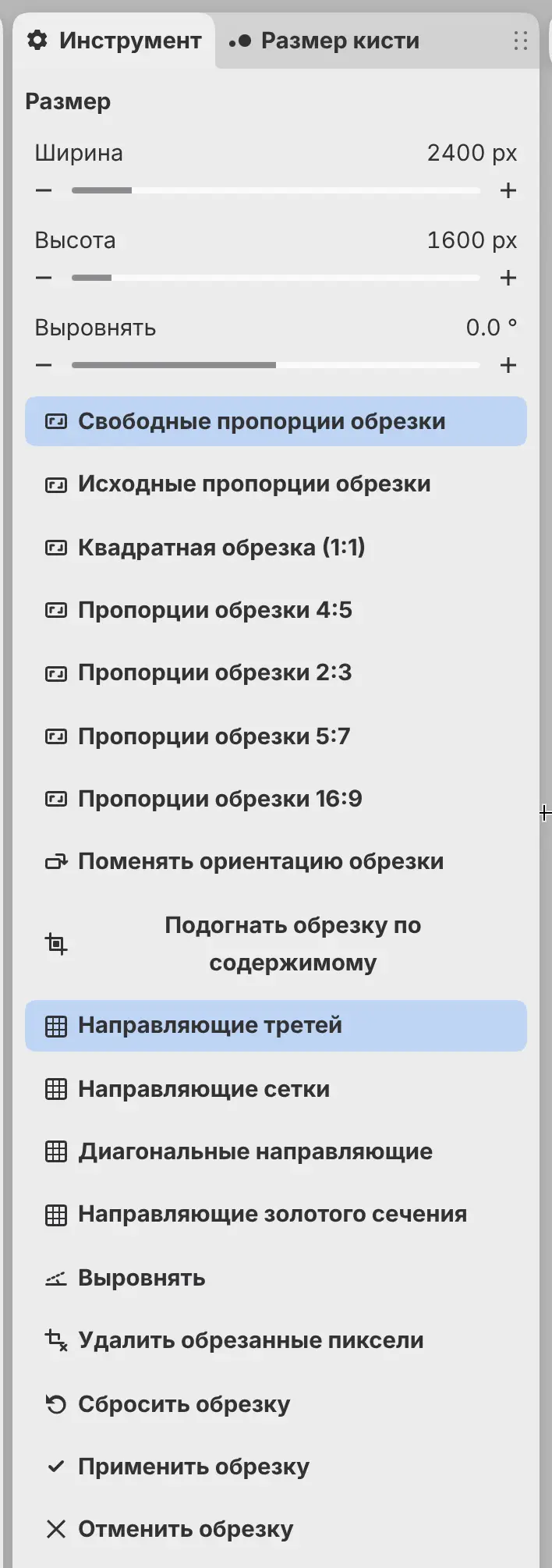 Панель «Инструмент» во время обрезки с полями «Ширина», «Высота» и «Выровнять».
