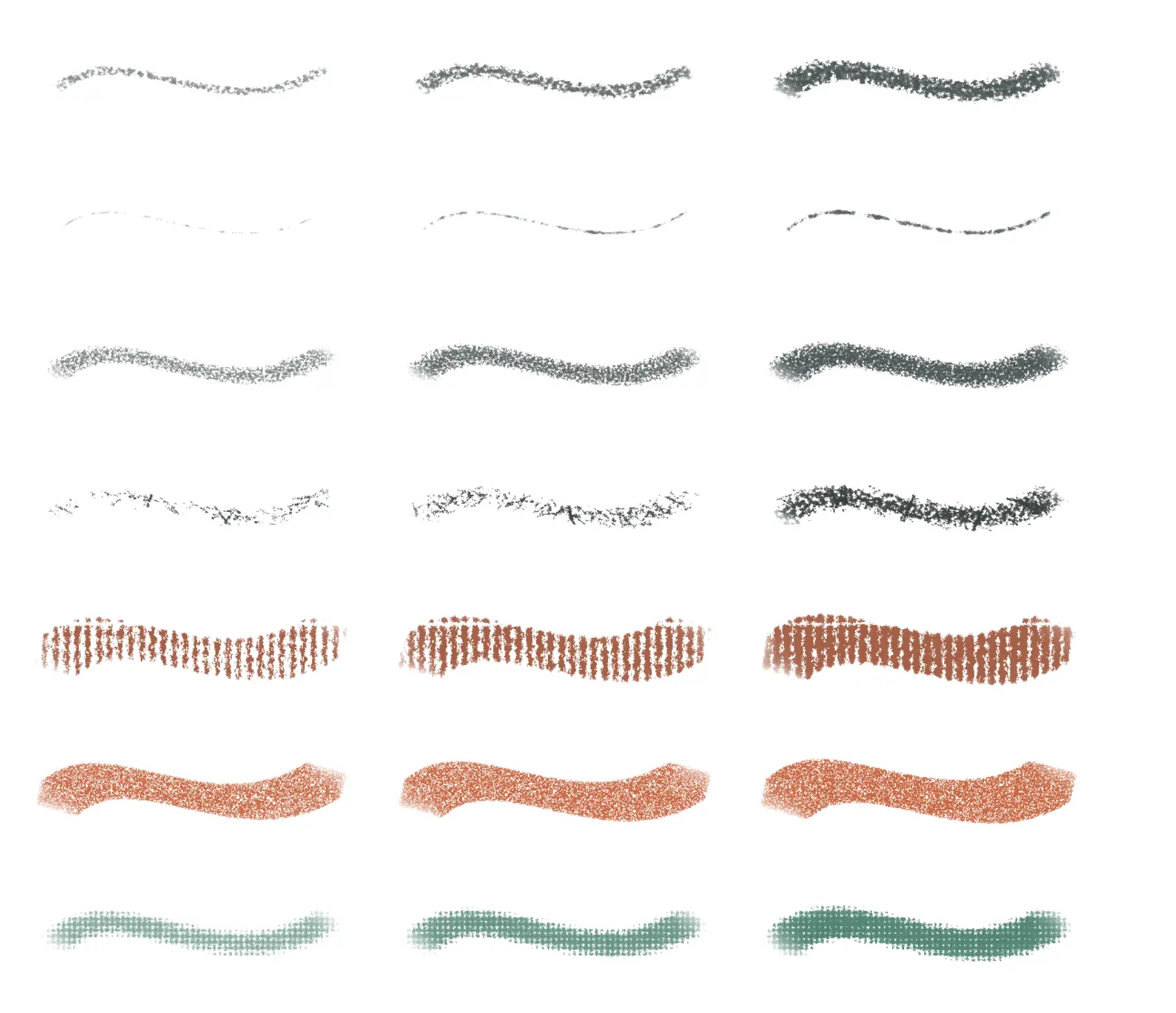 Seven rows of dry-media strokes at light, medium and firm pressure.