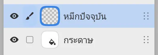 แผงเลเยอร์ของภาพวาดใหม่ มีหมึกปัจจุบันอยู่เหนือกระดาษ