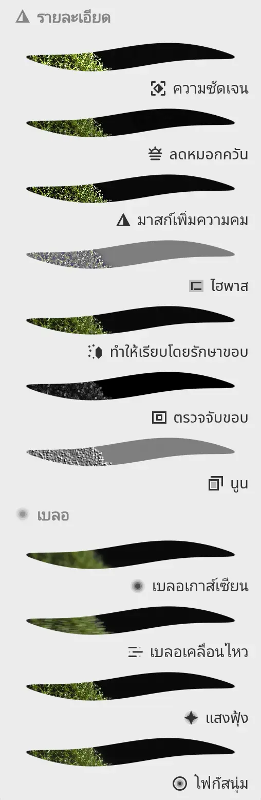แผงฟิลเตอร์ที่แสดงหมวดรายละเอียดและหมวดเบลอพร้อมภาพตัวอย่างของแต่ละฟิลเตอร์