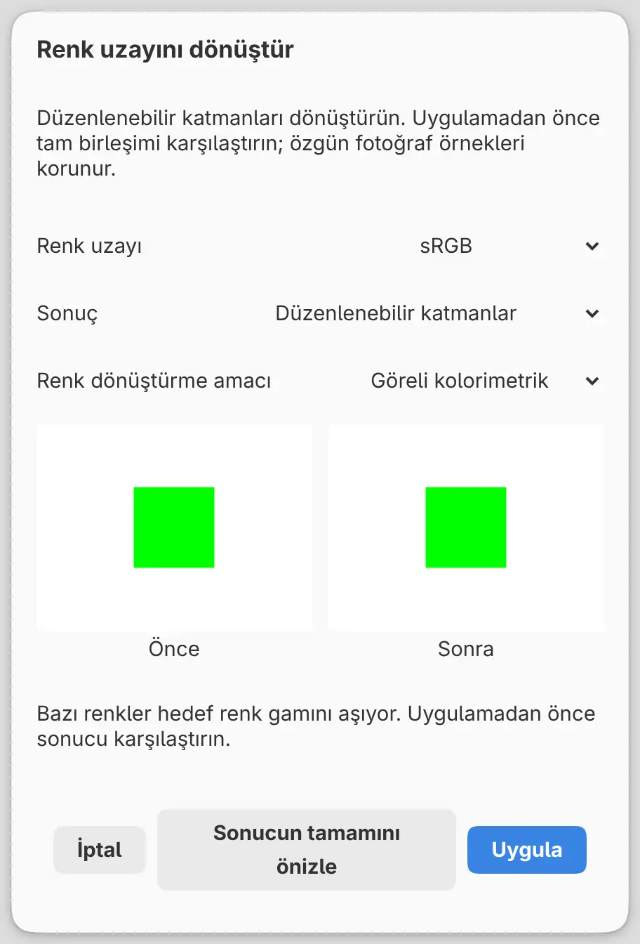 Renk uzayını dönüştür iletişim kutusu: Önce ve Sonra karşılaştırması ve gam iletisi.