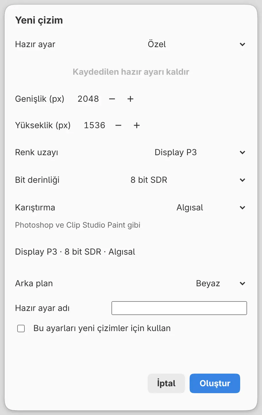 Yeni çizim iletişim kutusu: Renk uzayı Display P3, Bit derinliği, Karıştırma ve özet satırı.