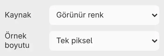 Renk alırken Araç paneli: Kaynak ve Örnek boyutu.