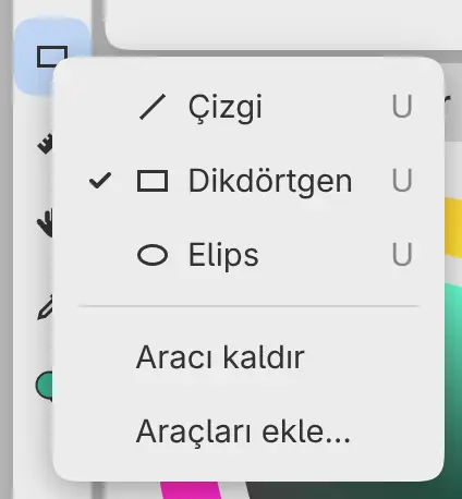 Boya’nın Araçlar çubuğundaki Şekil düğmesinin menüsü: Çizgi, Dikdörtgen ve Elips.