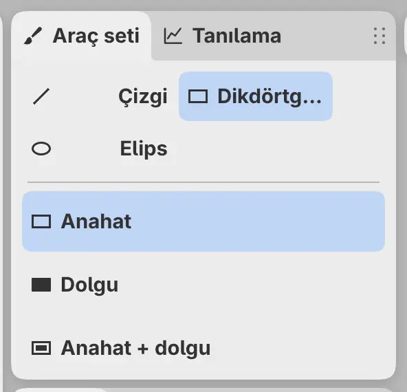 Araç seti paneli: Anahat, Dolgu ve Anahat + dolgu seçeneklerinin üstünde Çizgi, Dikdörtgen ve Elips.