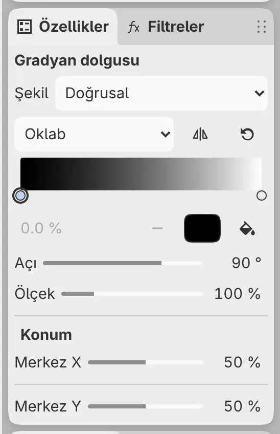 Gradyan dolgusu katmanı için Özellikler paneli: Şekil, durak düzenleyicisi, Açı, Ölçek ve Konum.