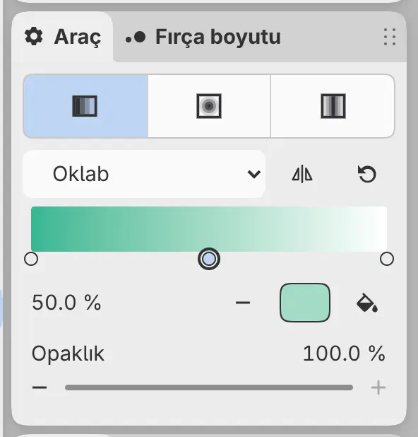 Gradyan aracı için Araç paneli: Şekil satırı, durak düzenleyicisi ve Opaklık.