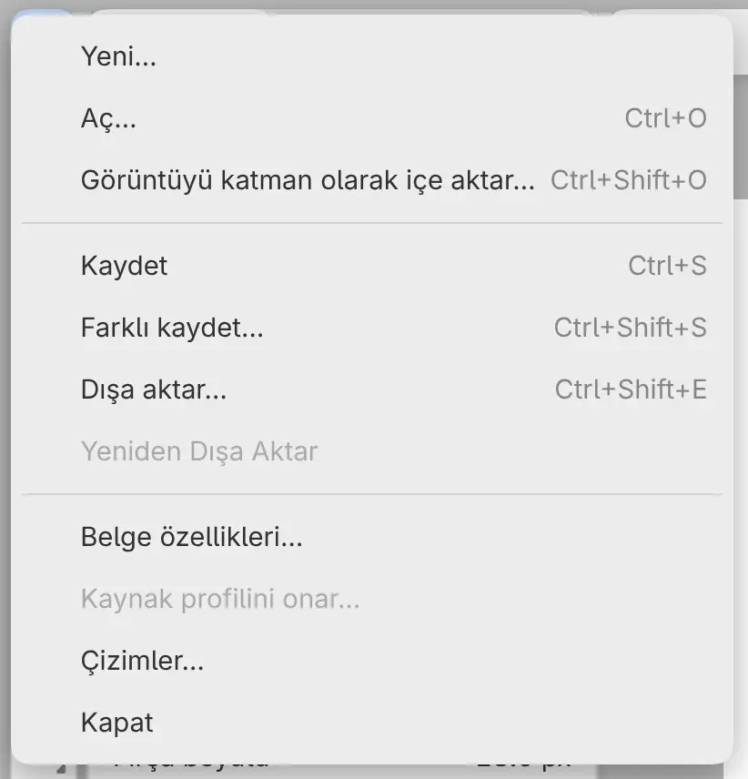 Yeni…, Aç…, Kaydet, Farklı kaydet… ve Dışa aktar… öğelerini içeren Dosya menüsü.