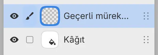 Yeni bir çizimin Katmanlar paneli: Kâğıt’ın üstünde Geçerli mürekkep.